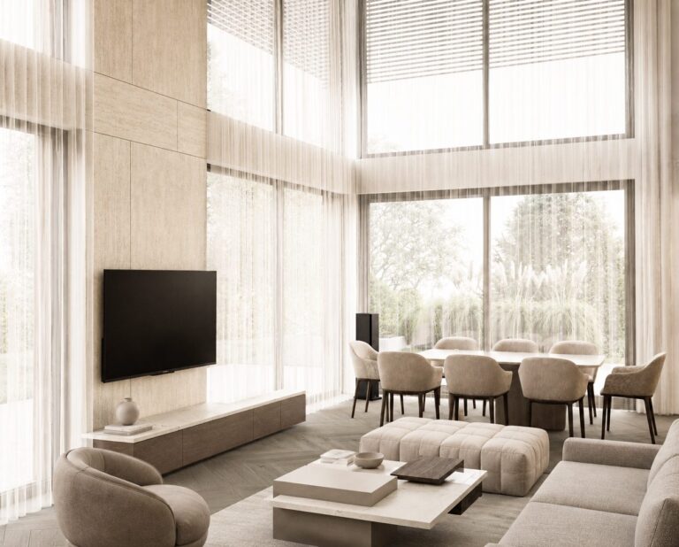 Apartament w sercu Krakowa - Contemporary Luxury - strefa dzienna ze ścianą TV, wizualizacja projektu Art Park