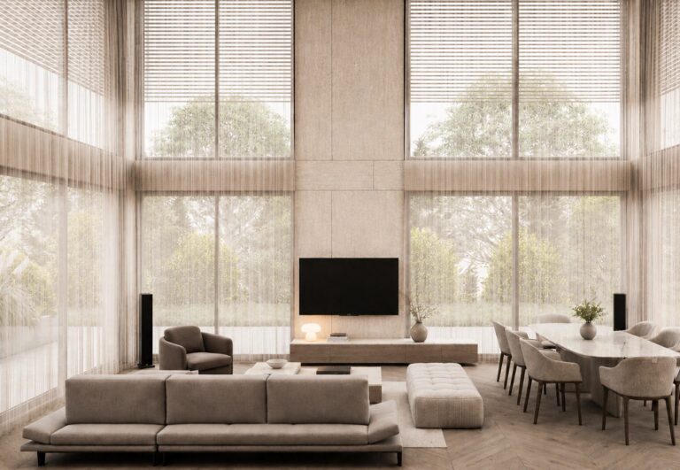 Apartament w sercu Krakowa - Contemporary Luxury - strefa dzienna ze ścianą TV, wizualizacja projektu Art Park