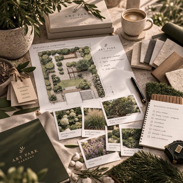 Realizacja ogrodu z Art Park - plan nasadzeń z kartami roślin i próbkami materiałów